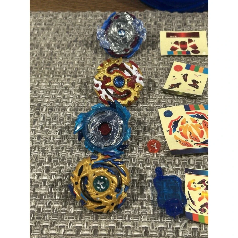 Beyblade Lot And 2 Launchers 2 Rip Cords 4 Blades Stickers Blue Tray Takara Tony